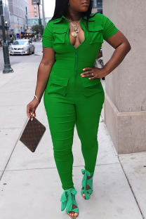 Green Casual Solid Patchwork Pocket Zipper Collar Regular Jumpsuits