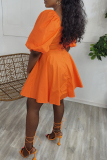Orange Fashion Casual Solid Bandage Patchwork V Neck A Line Dress