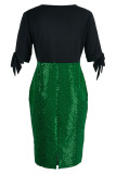 Green Sexy Solid Sequins Patchwork Beading V Neck Dresses