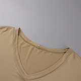 Khaki Fashion Casual Solid Patchwork Slit V Neck Plus Size Two Pieces