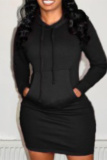 Black Fashion Casual Solid Patchwork Hooded Collar Long Sleeve Dresses