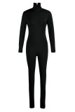 Black Sexy Solid Patchwork Zipper Turtleneck Regular Jumpsuits