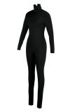 Black Sexy Solid Patchwork Zipper Turtleneck Regular Jumpsuits