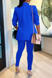 Blue Casual Solid Patchwork Turn-back Collar Long Sleeve Two Pieces