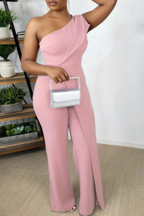 Pink Fashion Solid Patchwork Off the Shoulder Boot Cut Jumpsuits
