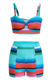 Light Blue Sexy Striped Hollowed Out Patchwork Swimwears