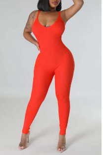 Red Sexy Solid Patchwork Spaghetti Strap Skinny Jumpsuits