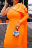 Orange Fashion Casual Solid Patchwork Backless Oblique Collar Long Sleeve Dresses