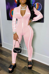 Pink Fashion Solid Patchwork Tie-dye O Neck Skinny Jumpsuits