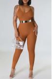 Brown Sexy Solid Patchwork Spaghetti Strap Skinny Jumpsuits