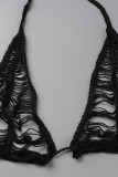Black Sexy Solid Tassel Patchwork Swimwears