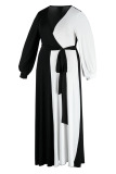 Black And White Casual Solid Bandage Patchwork V Neck Straight Plus Size Dresses