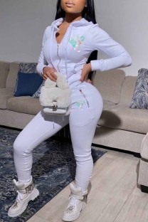 White Sexy Print Patchwork Hooded Collar Long Sleeve Two Pieces