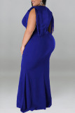 Blue Elegant Solid Tassel Patchwork V Neck Evening Dress Plus Size Dresses