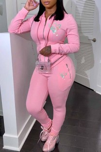 Pink Elegant Print Patchwork Hooded Collar Plus Size Two Pieces