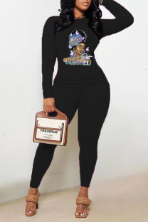 Black Casual Print Patchwork O Neck Long Sleeve Two Pieces