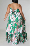 Green Sexy Print Patchwork Spaghetti Strap Sling Dress Plus Size Dresses