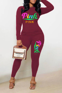 Burgundy Casual Print Patchwork O Neck Long Sleeve Two Pieces