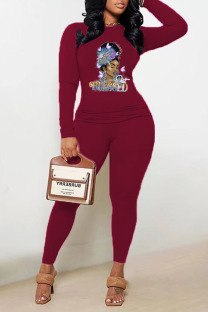 Burgundy Casual Print Patchwork O Neck Long Sleeve Two Pieces