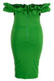 Green Sexy Solid Patchwork Slit Fold Off the Shoulder One Step Skirt Plus Size Dresses