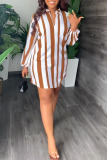 Brown Fashion Casual Striped Print Bandage Patchwork With Belt V Neck Straight Dresses