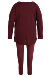 Burgundy Casual Solid Patchwork Slit V Neck Plus Size Two Pieces