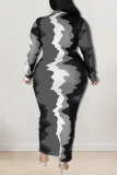 Grey Casual Print Patchwork Turndown Collar One Step Skirt Plus Size Dresses
