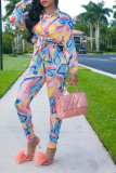 Blue Pink Street Print Patchwork Turndown Collar Long Sleeve Two Pieces