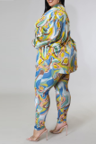 Yellow And Blue Street Print Patchwork Turndown Collar Long Sleeve Two Pieces