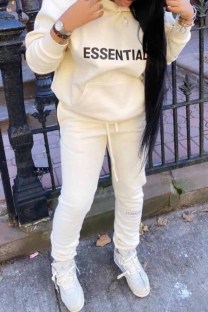 Cream White Casual Print Letter Hooded Collar Long Sleeve Two Pieces