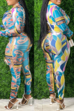 Yellow And Blue Street Print Patchwork Turndown Collar Long Sleeve Two Pieces