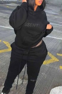 Black Casual Print Letter Hooded Collar Long Sleeve Two Pieces