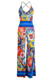Blue Sexy Print Patchwork Backless Halter Straight Jumpsuits