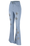 Blue Fashion Casual The stars Patchwork High Waist Regular Denim Jeans