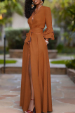 Orange Fashion Casual Solid Patchwork Slit V Neck Long Sleeve Dresses