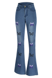 Baby Blue Fashion Casual Butterfly Print High Waist Regular Denim Jeans