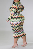Multicolor Casual Print Patchwork Turndown Collar One Step Skirt Plus Size Dresses