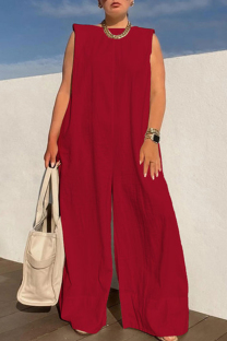 Red Fashion Casual Solid Patchwork O Neck Regular Jumpsuits