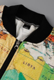 Red Yellow Casual Print Patchwork Zipper Outerwear