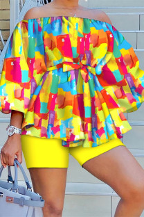 Yellow Casual Print Patchwork Off the Shoulder Long Sleeve Two Pieces