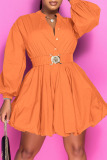 Rose Red Fashion Casual Solid Patchwork Buckle Fold Mandarin Collar A Line Dresses
