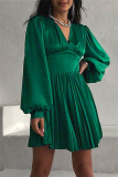 Green Casual Solid Patchwork Fold V Neck Pleated Dresses