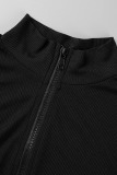Black Casual Sportswear Solid Patchwork Zipper Collar Regular Jumpsuits