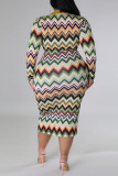 Multicolor Casual Print Patchwork Turndown Collar One Step Skirt Plus Size Dresses