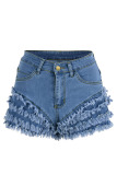 Blue Street Solid Tassel Patchwork Flounce Loose High Waist Type A Solid Color Plus Size Denim Shorts