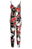 Rose Red Casual Print Patchwork Spaghetti Strap Regular Jumpsuits