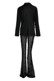 Black Sexy Solid Patchwork See-through Beading Turn-back Collar Long Sleeve Two Pieces