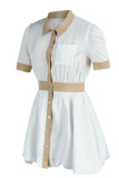White Casual Solid Patchwork Buckle Turndown Collar A Line Dresses