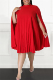 Red Casual Solid Patchwork Fold Half A Turtleneck Plus Size Dresses