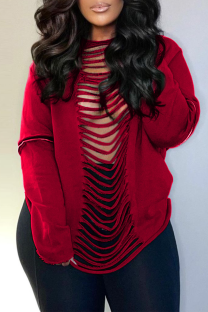 Red Sexy Solid Hollowed Out O Neck Tops
